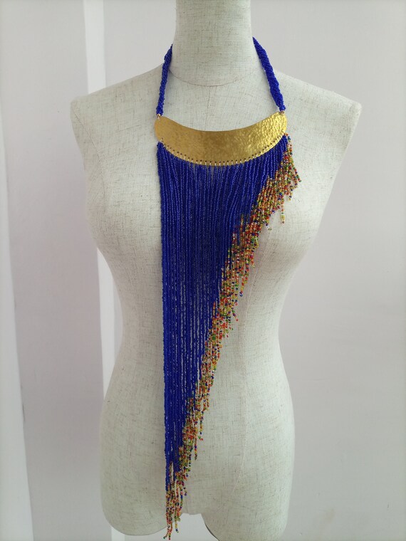 African beaded necklace, Blue Tribal fringe neck piece