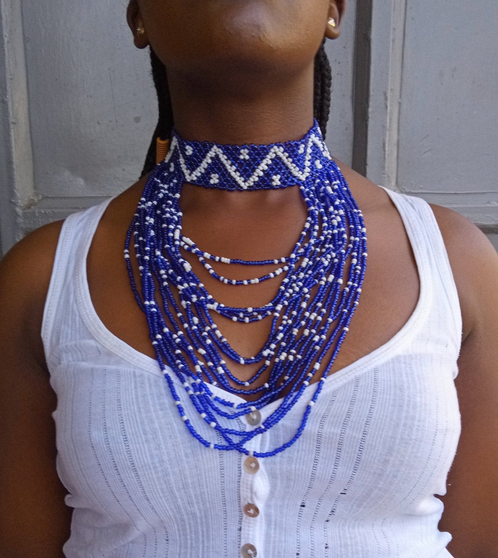 ON SALE Blue and White Necklace African Beaded Necklace | Etsy