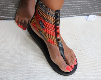 ON SALE Handmade Beaded Sandals, African leather Sandals, Women Shoes, Boho sandals, Summer sandals, Maasai sandals, Africa shoes, Shoes