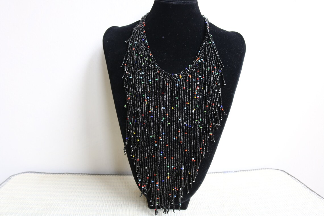 Shiny Grey Beaded Fringe Necklace main image 0