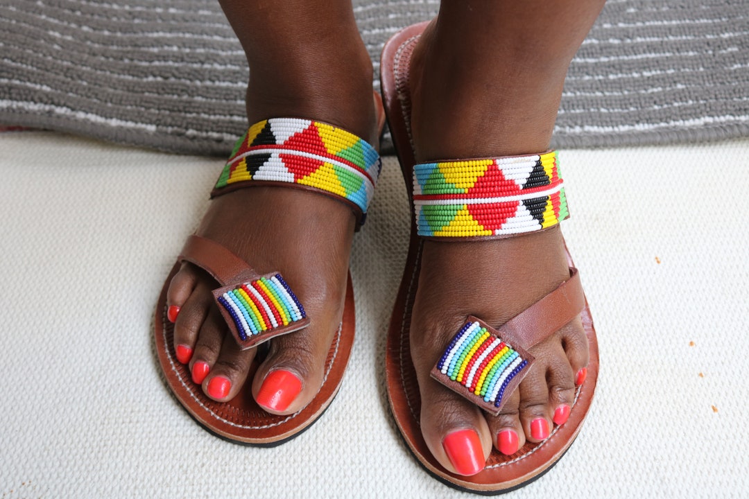 ON SALE Africa Beaded Leather Sandals handmade Summer - Etsy