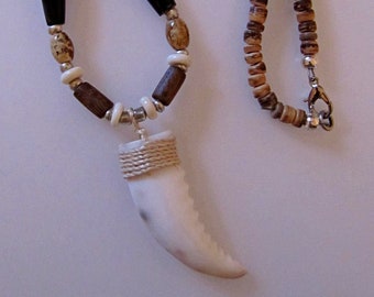 Beaded necklace with Wood, Picture Jasper, Coconut Husk beads and Cowrie Shell Pendant (#382) FREE SHIPPING