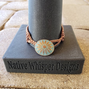 Sunburst Copper Woven Bracelet, Copper Glass Beads, Copper Patina Button, Macrame Hand Made, Unique Design Style, Gift Idea for Her Birthday