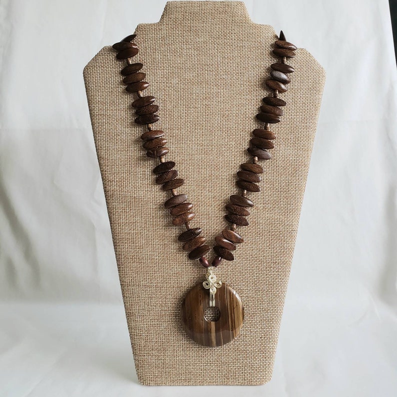 One of a Kind Dark Browns Wire Wrapped Unique Gift Idea for Mothers Day or her Birthday Wood and Stone Necklace Handmade Pendant