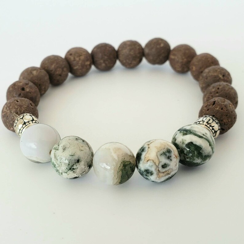 Lava and Jasper Bracelet White Elastic Gemstone Gift Idea for Men or Ladies Silver Handmade Diffuser Bracelet Green Brown
