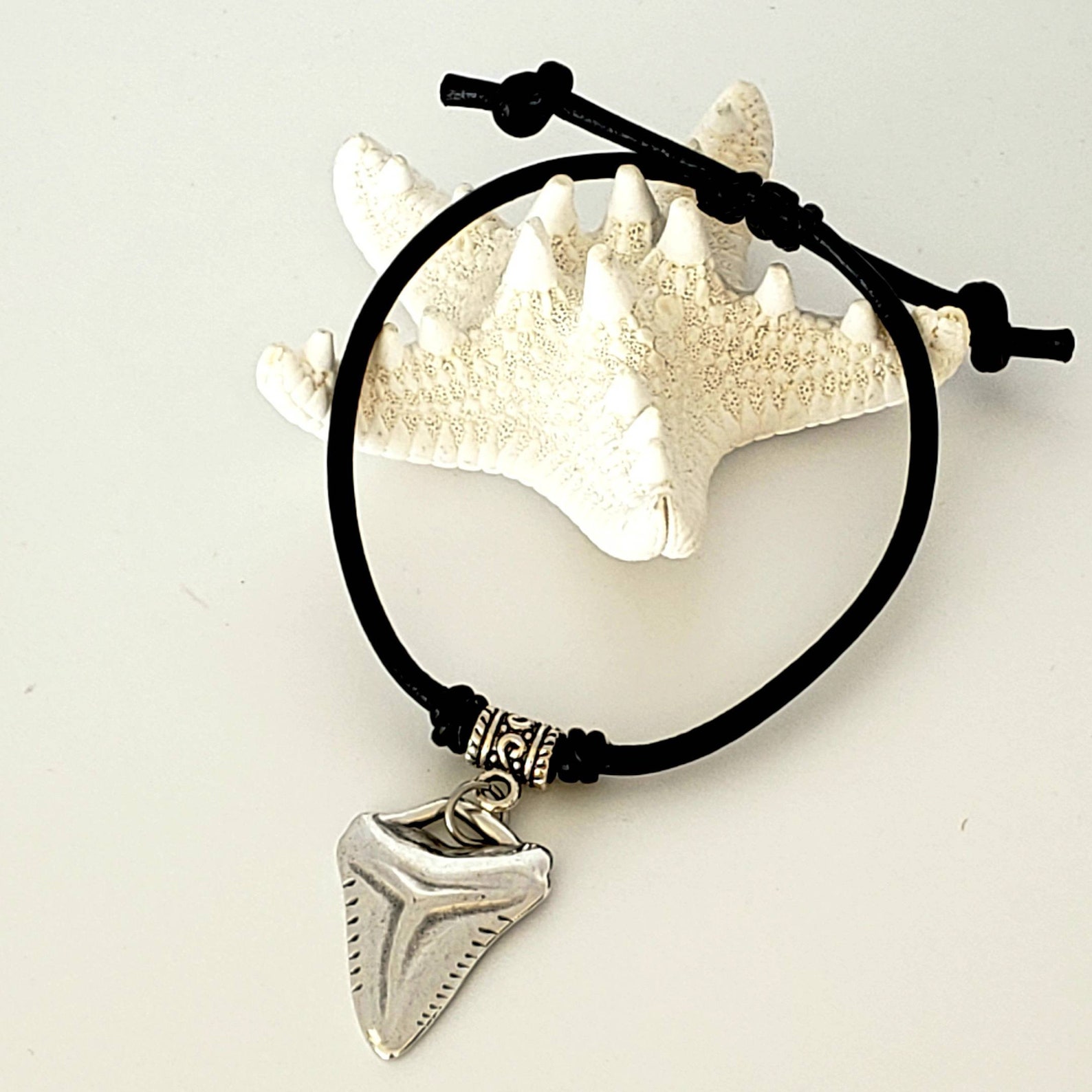 Sharks Tooth Bracelet Adjustable Black Leather Sliding Knot Etsy