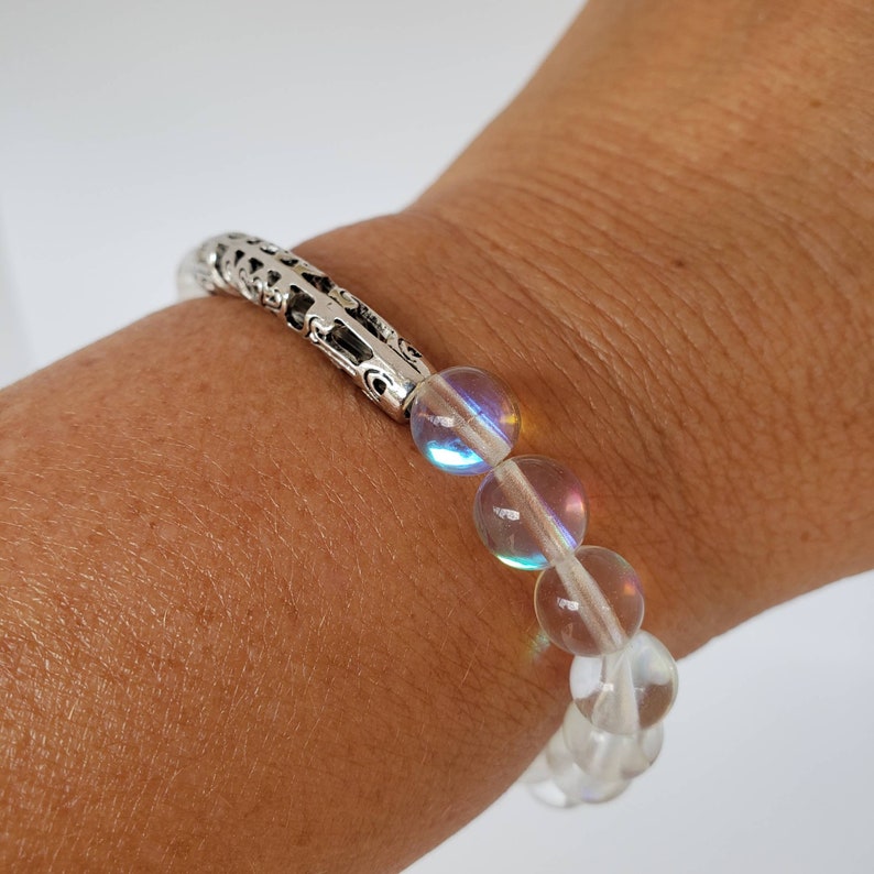 Silver Mystic Aura Shimmering Bracelet Gift Idea for Her Ghost Crystals Elastic Colorful Clear Handmade