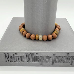 Agate and Wood Bracelet, Elastic Stretch, Calming Cleansing Gemstones, Jewelry Gift for Birthday or Christmas Wife Mom or Girlfriend