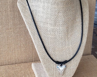 Silver Shark's Tooth Necklace, Mens Black Leather Choker, Adjustable Handmade Dad Guy Gift Idea for Birthday Christmas Father's Day Present