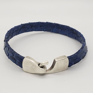 Blue Python Leather Bracelet, Genuine Snakeskin, Silver Clasp, Handmade One of a Kind Gift Idea for His or Her Birthday or Christmas Present