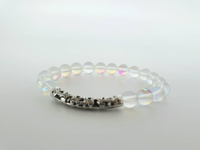 Silver Mystic Aura Shimmering Bracelet Gift Idea for Her Ghost Crystals Elastic Colorful Clear Handmade