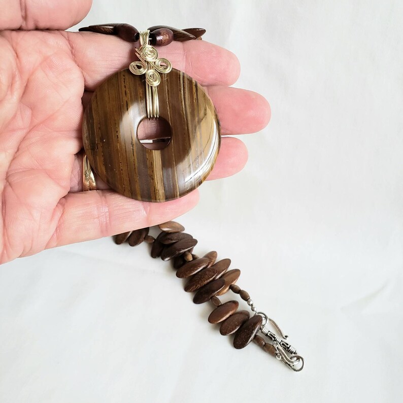 One of a Kind Dark Browns Wire Wrapped Unique Gift Idea for Mothers Day or her Birthday Wood and Stone Necklace Handmade Pendant