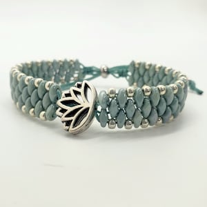 Carved Silver Lotus Bracelet, Green  Czech Glass Beads, Macrame, Unique Design Style, Pretty Jewelry Gift Idea for Her Birthday or Yoga Gift
