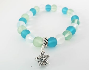 Sea Glass Starfish Charm Bracelet: Aqua, Lime & Frost Beads
