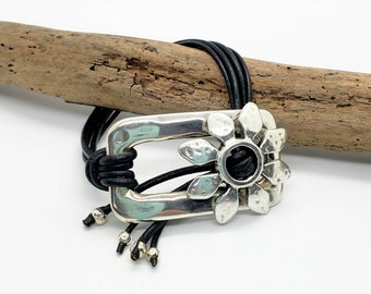 Black Leather Wrap Bracelet: Silver Flower Toggle Clasp, Boho Jewelry