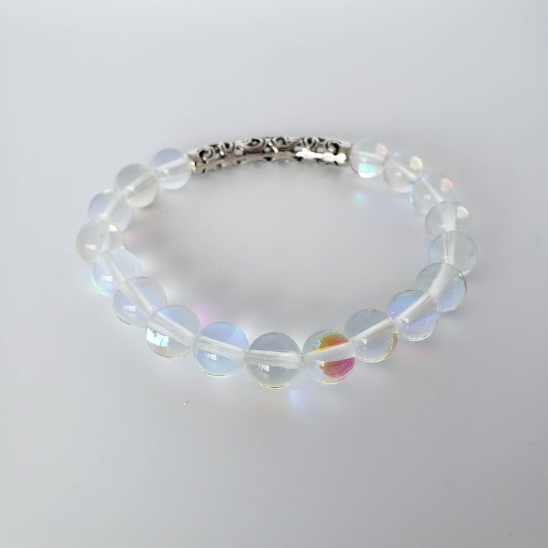 Silver Mystic Aura Shimmering Bracelet Gift Idea for Her Ghost Crystals Elastic Colorful Clear Handmade