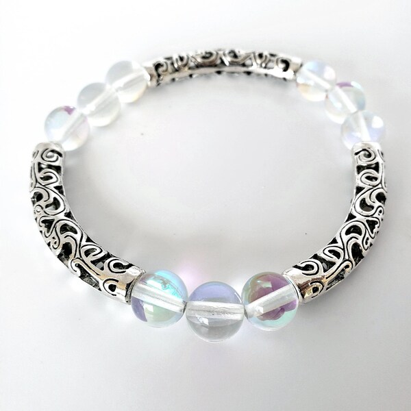 Bracelet de perles de sirène, Crystal Clear, Colorful Mystic Aura ou Ghost Crystals, Tubes en filigrane argenté, Stretch Elastic, Idée cadeau d’anniversaire