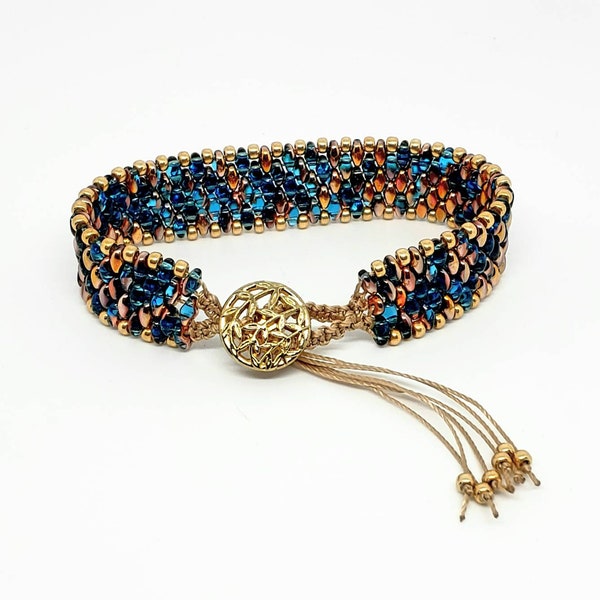 Colorful Hand Woven Bracelet, Peacock Blue Glass Beads, Golden Copper, Macrame, Unique Design Style, Gift Idea for Her Birthday