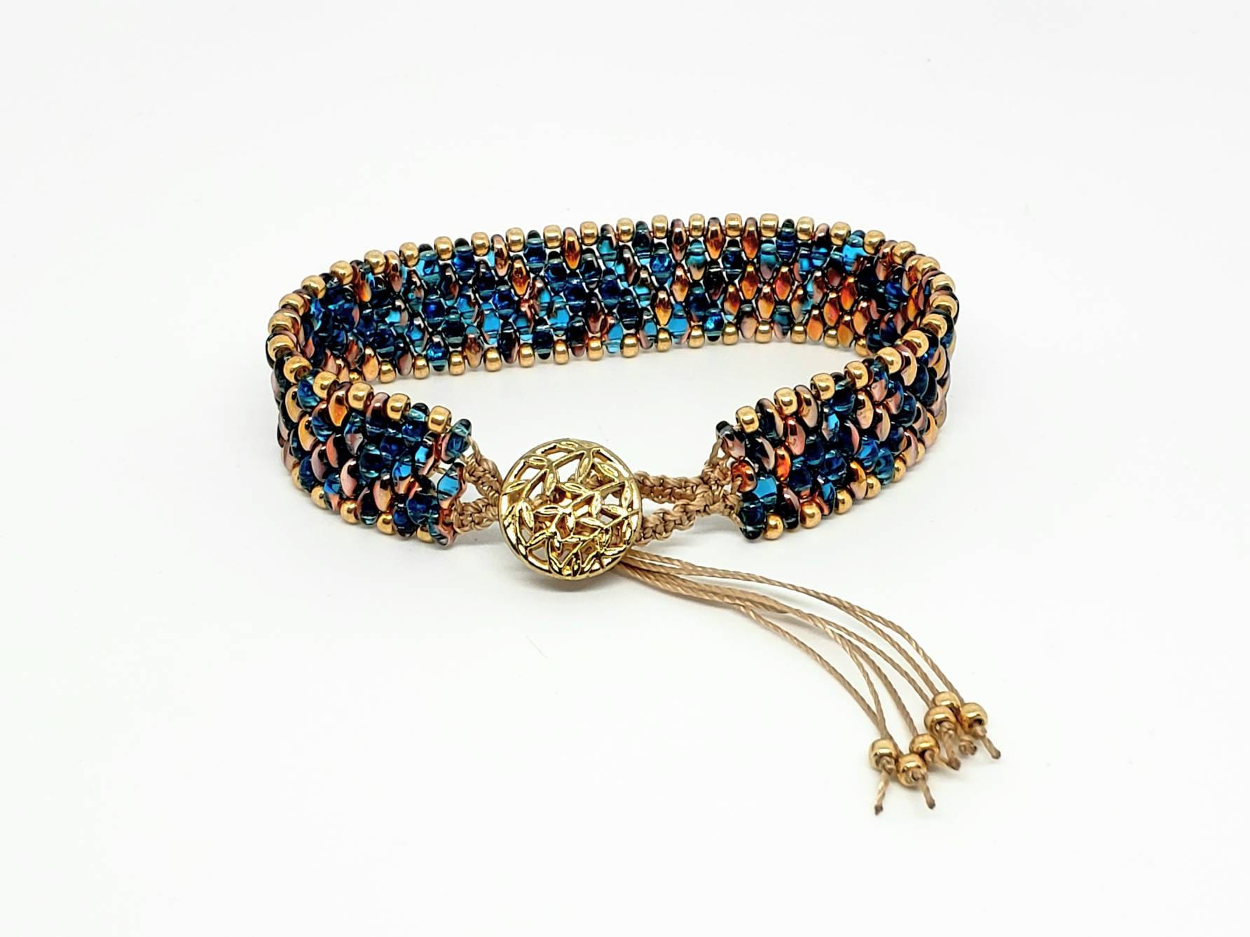 Hand Woven Macrame Bracelet: Peacock Blue Czech Glass Beads, Golden Copper