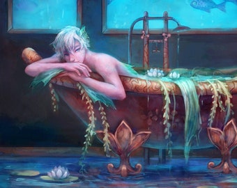 Bath | Fantasy Merman Artwork Print Mermaid Painting | Watercolor Style Poster Wall Art