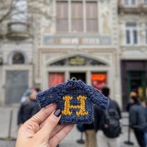 Peut inclure: Un petit pull en tricot bleu avec un "H" jaune sur le devant. Le pull est tenu dans une main devant un arrière-plan flou.