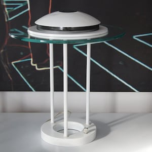 Vintage Retro White Metal Glass 2 Way Switch Table Lamp-Space Age Post Modern Table Lamp-Large Table Lamp-Memphis Style Lighting
