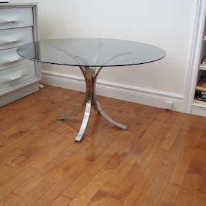 Chrome Smokey Round Glass Top 70s Retro Living Room Table-70s Retro Chrome Table- Chrome Glass Table-Postmodern Glass Chrome Table