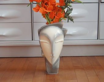 1986 Lindsey Balkweill- Ceramic Art piece- Table decor - Ceramic flower vase - Memphis style- Retro Face Art - Postmodern 80s ceramic table.