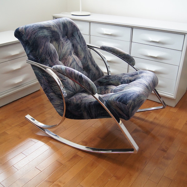 Vintage Bercante Chrome Rocking Chair-Memphis Style Rocking Chair-In The Style Of Milo Baughman-Postmodern Chrome Rocking Chair.