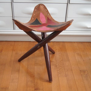 Vintage Tri-pod Leather Wood Stool- Leather Wood Tri-pod stool - Retro Leather Wood Sitting Stool