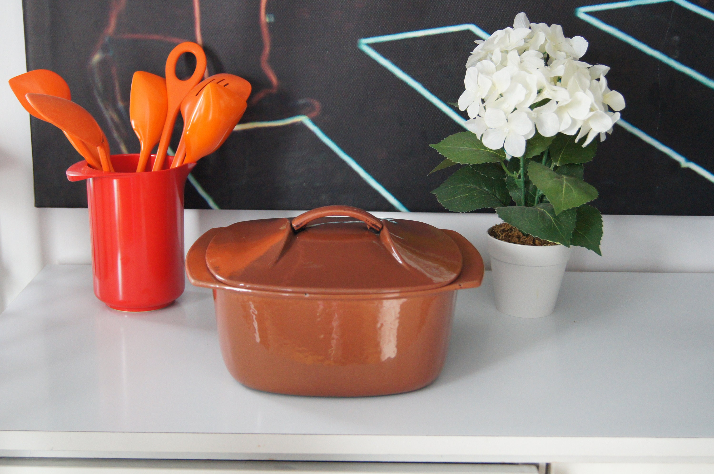 French Vintage Nomar staub Red Enamel Cast Iron Dutch Oven. Casserole. Fait  Tout. French Country Kitchen 