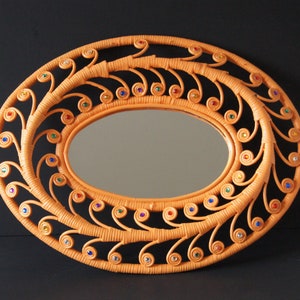 Vintage Bohemian Wicker Art Wall Mount Mirror-Colorful Wall Mount Mirror-Postmodern Art Wall Mirror-Retro Wall Mirror-Wicker Wall Mirror