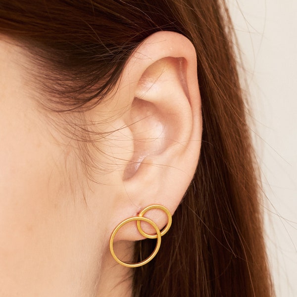 Double ring stud earrings gold or silver. Minimalist stud ring. Refined brass. Handmade Jewelry