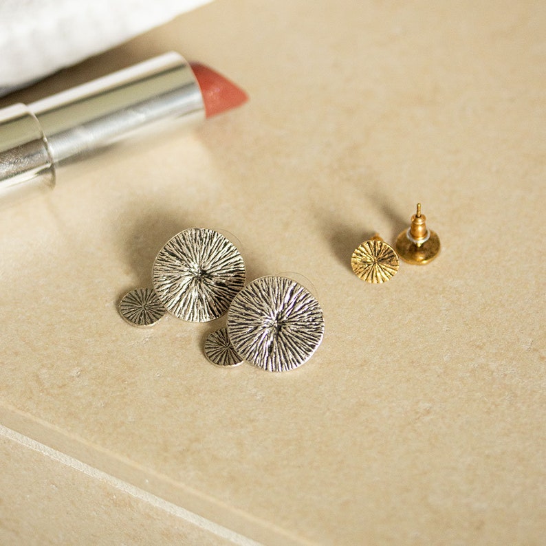Golden or silver earrings with hand-scraped plate, sundisk, refined brass. Handmade jewelry image 10