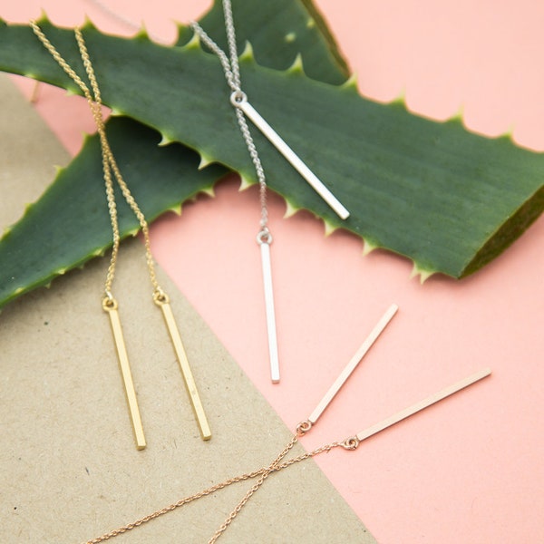 Minimalist thread earring gold sticks. Gold-plated, rose gold-plated or rhodium-plated brass. Lemon and Pink. Handmade jewelry