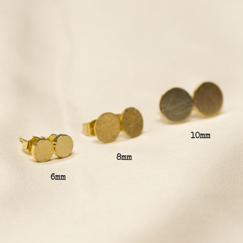 Stud earrings 10 mm gold, rose gold or rhodium-plated. Brushed circle, round. Super subtle, delicate and minimalist. image 9