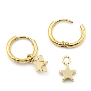 Small hoop earrings with removable star pendant, pure stainless steel or gold-plated