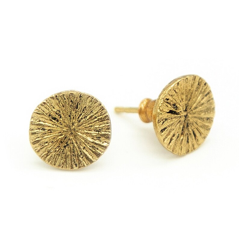 Golden or silver earrings with hand-scraped plate, sundisk, refined brass. Handmade jewelry Gold