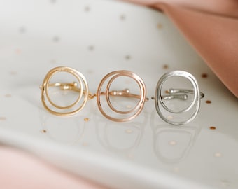 Minimalist ring with double circle in gold, rose gold or rhodium-plated brass, adjustable. Handmade jewelry!