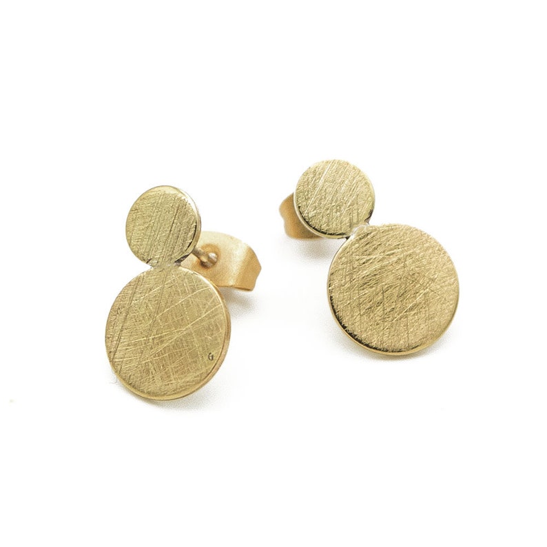 Small double plate stud earrings 16 mm gold, rose gold or rhodium-plated. Brushed circle. Handwork Gold