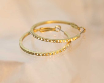 Large square rhinestone hoop earrings, gold-plated or silver-plated, folding clasp, Sergio Engel jewellery