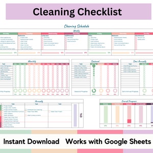 May include: A printable cleaning checklist with a pink, green, and white color scheme. The checklist is divided into sections for weekly, monthly, seasonal, semi-annually, and annually. Each section has a list of tasks to be completed, with checkboxes for marking them off. The checklist also includes a progress bar for each section, showing how much has been completed. The text "Instant Download Works with Google Sheets" is at the bottom of the checklist.