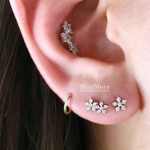 Double CZ Flower piercing, Tragus earring, Dainty earring, Tiny earring, Cartilage earring,Tragus piercing, CZ stud, Helix, Conch, Rook