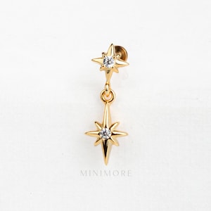 NEW! Silver Threadless Push Pin Stud, 16-20g Push-Pin Stud, 5-10mm Length Flatback Earring, 14K Vermeil Flatback Stud, Dangled Polar Star