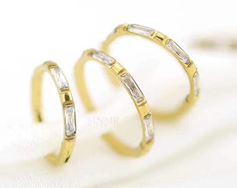 Gold Huggie Hoop Earrings, Baguette Pave Cartilage Hoop, Gold Clicker Hoop, Helix Hoop, Tiny hoop, Inner Conch Piercing, Gold Conch Hoops