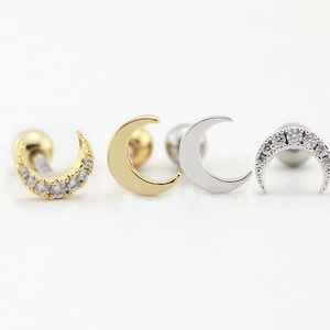 Moon Cartilage Earring, Moon Tragus Earring, Plain Moon Labret, Pave Flatback Stud, Tiny Moon, Tiny Tragus, Helix Earring, Conch Piercing