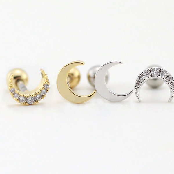 Boucle d'oreille cartilage lune, boucle d'oreille tragus lune, labret lune uni, clou à dos plat pavé, petite lune, petit tragus, boucle d'oreille hélicoïdale, piercing à la conque