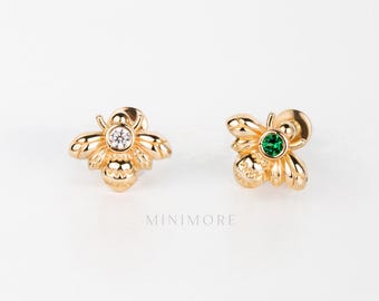 NEW! Tiny Bumble Bee Tragus Earring, 14K Solid Gold Internally Threaded Labret, 18g Helix Earring, Everyday Wearable Tragus Flatback Stud