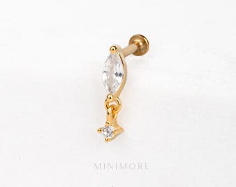 16G/18G/20G Marquise Dangle Stud, 14K Gold Vermeil Threadless Labret, Minimalist Earring