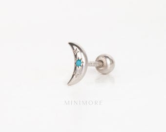 NEW! Tiny Crescent Moon Earrings with Turquoise, Celestial Cartilage Studs, Dainty Moon Helix, Minimalist Lunar Earrings, 20g Barbell